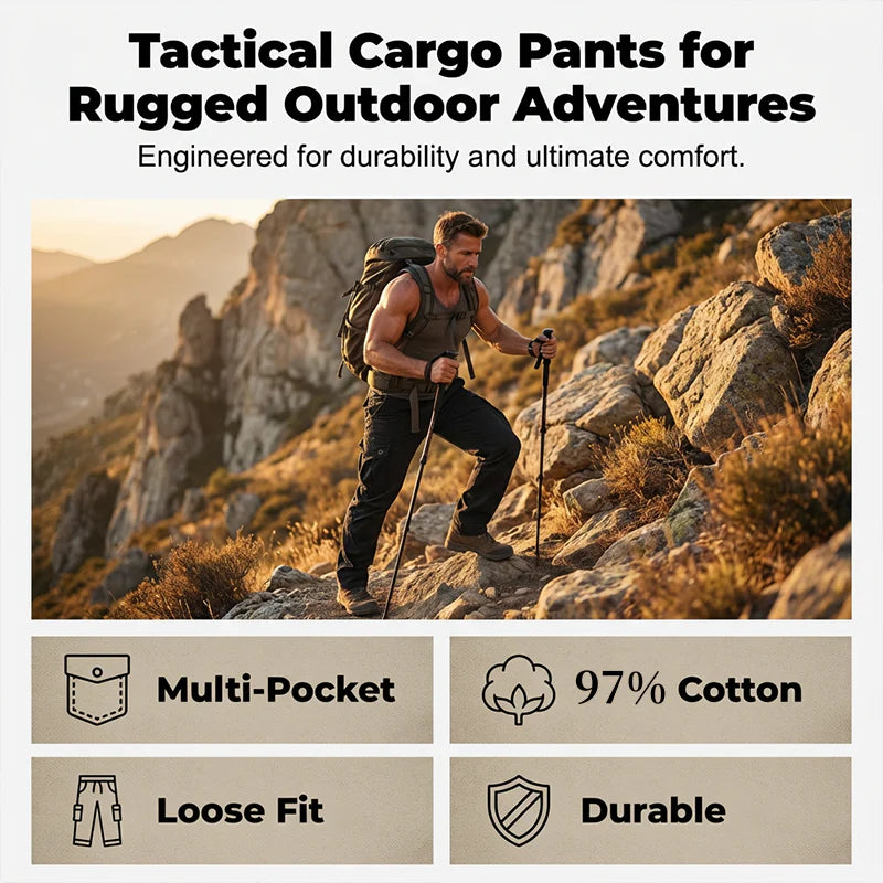 👖🛠️ Muške taktičke hlače od 100% pamuka, u kaki boji - s mnogo džepova