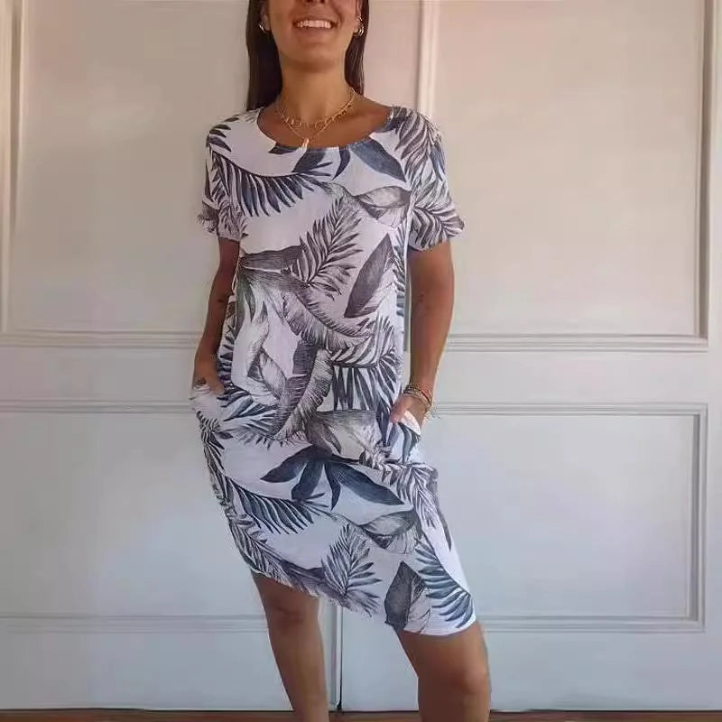 🌼Ženska haljina s okruglim izrezom od pamuka i lana s printom