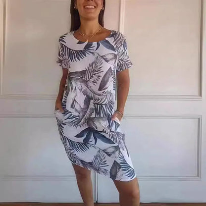 🌼Ženska haljina s okruglim izrezom od pamuka i lana s printom