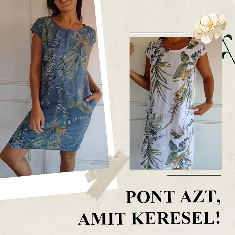 🌼Ženska haljina s okruglim izrezom od pamuka i lana s printom