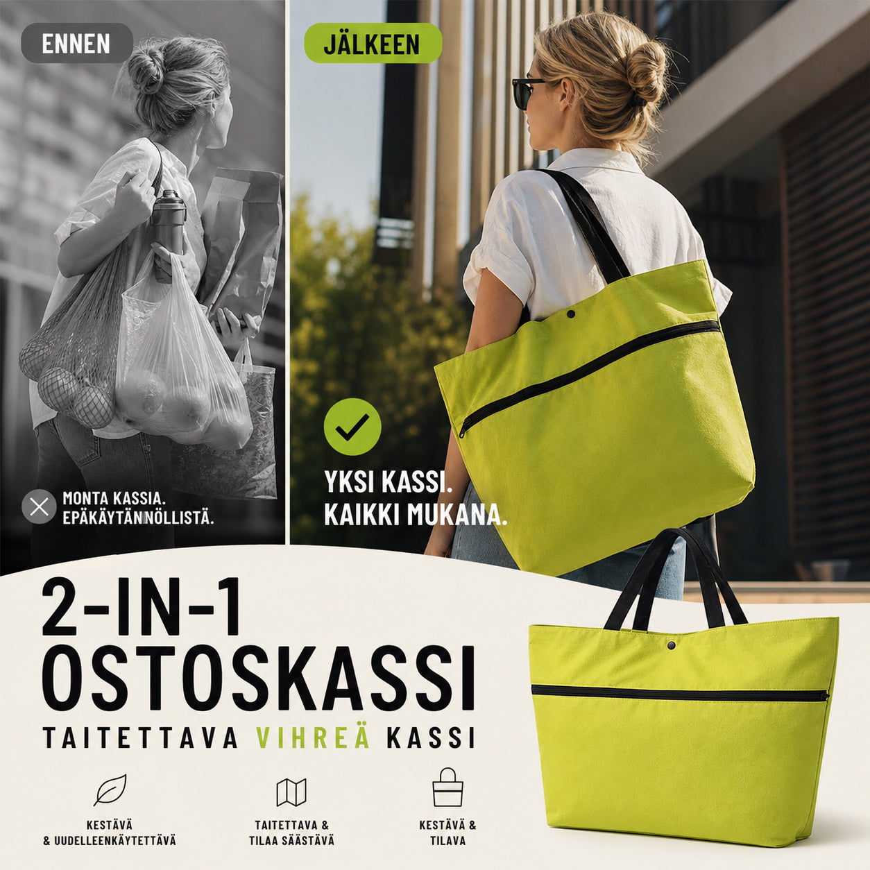 Torba za kupovinu 2 u 1, presavijiva zelena torba