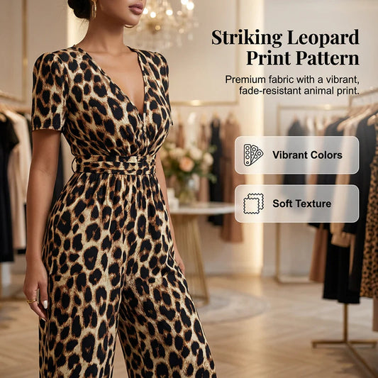 Kombinezon s leopard printom, V-izrezom i širokim nogavicama