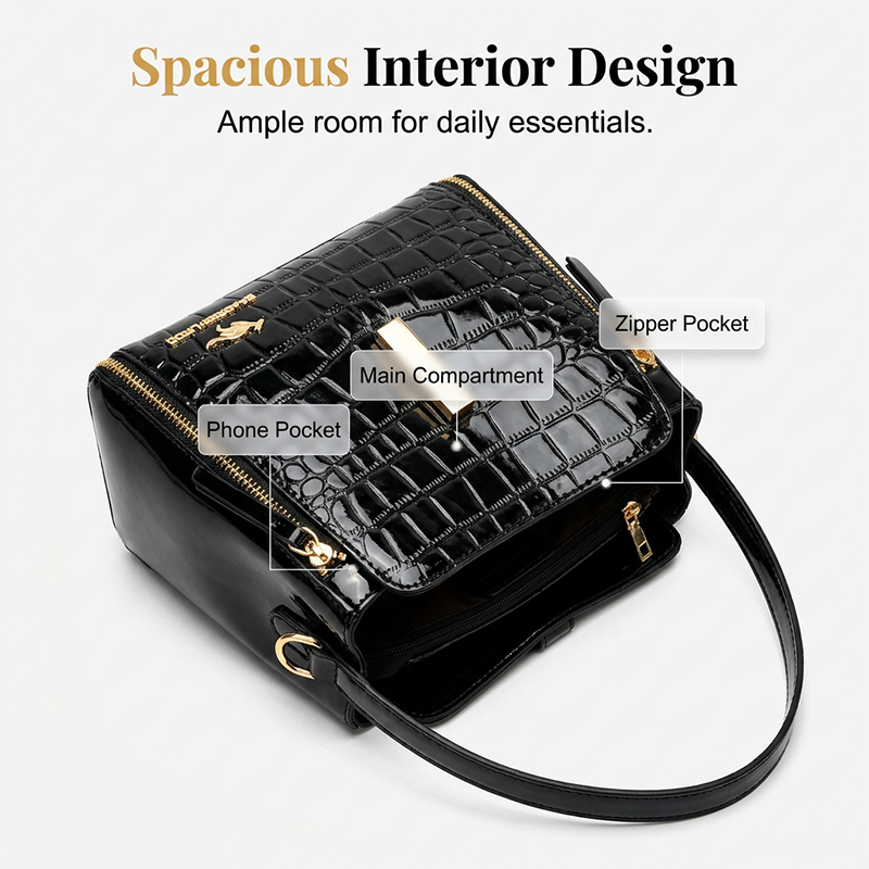 👜✨ Sjajna ženska torbica s uzorkom krokodila - strukturirana, zlatni detalji, prostrana i elegantna 💼