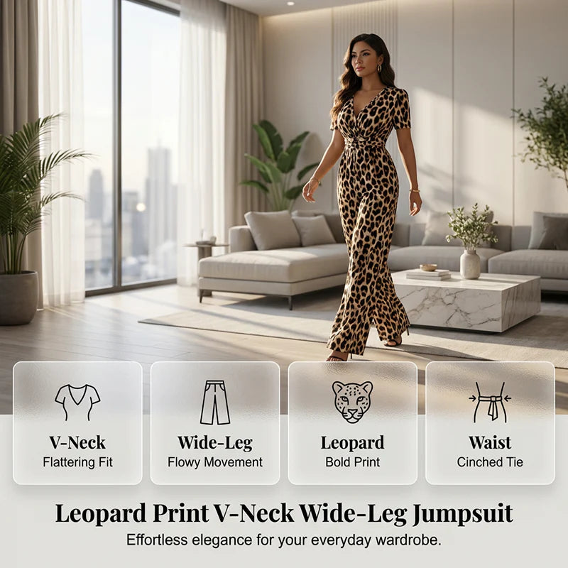 Kombinezon s leopard printom, V-izrezom i širokim nogavicama