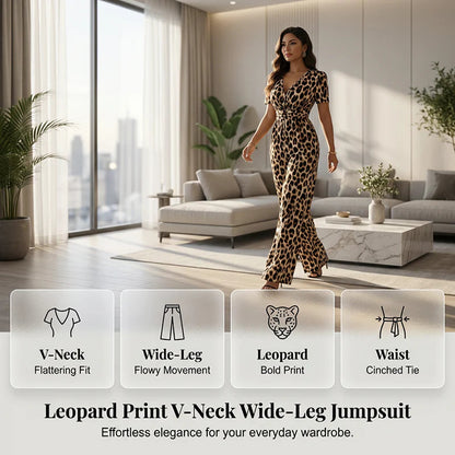 Kombinezon s leopard printom, V-izrezom i širokim nogavicama