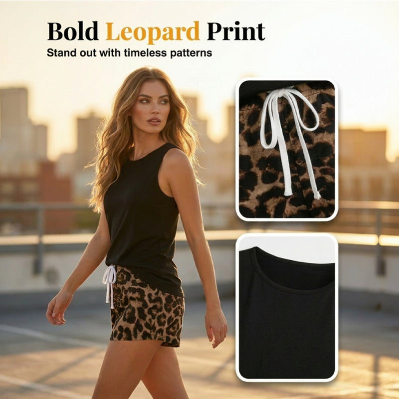 Ženski komplet majice bez rukava i kratkih hlača s leopard printom