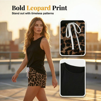 Ženski komplet majice bez rukava i kratkih hlača s leopard printom