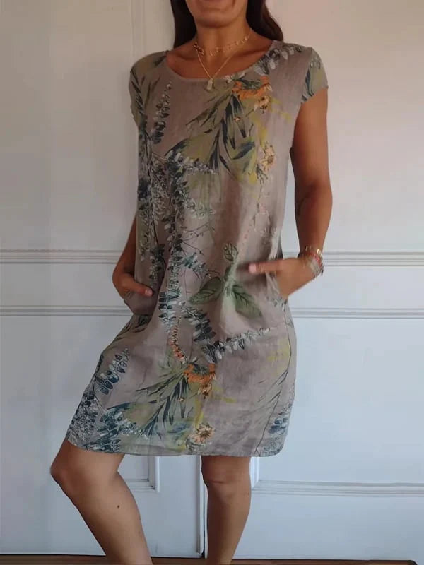 🌼Ženska haljina s okruglim izrezom od pamuka i lana s printom