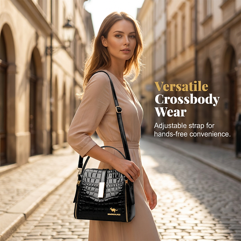 👜✨ Sjajna ženska torbica s uzorkom krokodila - strukturirana, zlatni detalji, prostrana i elegantna 💼